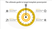 A target themed PPT slide with a yellow central target design, and arrows pointing to four key icons with caption areas.