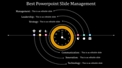 Circular infographic with gradient arcs and icons representing process flow stages connected by curved lines.