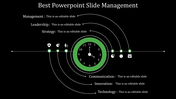 A creative PowerPoint slide featuring a green clock in the center, with arrows pointing to icons on a dark backdrop.