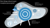 Business template with a blue target and arrow, three caption areas, and financial icons on an abstract shape.