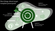 A green target PowerPoint slide featuring icons of money bags, coins, and dollar symbols, with caption placeholders.