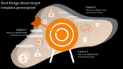 Slide featuring an orange target with an arrow in the center, surrounded by financial icons and captions, on a dark backdrop.