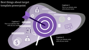 A purple target PowerPoint slide featuring icons of money bags, coins, and dollar symbols, with caption placeholders.