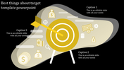 Infographic slide with a yellow target, arrow, and financial symbols, illustrating three captions on a dark background.
