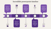 Grey ribbon timeline template with five circular nodes numbered 01 to 05, connected to years 2015-2019 and icons.