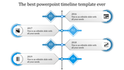 Timeline design featuring four blue diamond milestone markers paired with corresponding text boxes and icons.