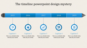 Timeline PowerPoint slide with blue arrow markers for the years 2015 to 2019, each year has a corresponding caption.