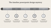 Timeline with gray arrows pointing to each year from 2015 to 2019, with circular icons and text areas below.