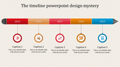 Timeline PPT slide with colorful year markers for 2015 to 2019, each year represented by a circular icon and caption.
