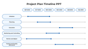 Project schedule with six blue progress indicators, task labels on the left, and monthly milestones at the top.