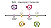 Modern blue timeline infographic featuring circular milestones, icons, and placeholder text arranged alternately.