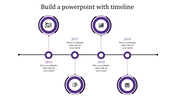 A timeline PPT slide for the years 2016 to 2019, featuring purple colored circles with icons and placeholder text.