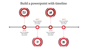 Business timeline infographic with multicolored circular markers, icons inside rings, and placeholders text areas.