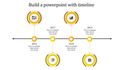 Timeline with four yellow circular icons, on a black horizontal line, and text labels for year from 2016 to 2019.