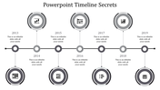 Gray themed timeline template with seven circular icons, on a black horizontal line, and milestone labels in sequence.