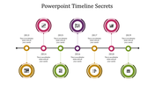 A colorful timeline PPT template spanning 2013 to 2019, with circles representing business milestones and related icons.