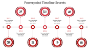 A timeline PPT template with circular markers for each year, from 2013 to 2019, with business related icons and text area.
