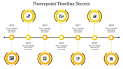 Timeline design with seven yellow circular icons, on a black connecting line, each with text placeholders.