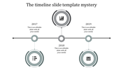 Timeline design with gray circular elements connected by a black horizontal line, marking milestones from 2017 to 2019.