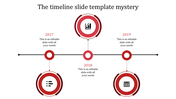 Horizontal timeline with red circular markers for 2017, 2018, and 2019, featuring icons, in a minimalist design.