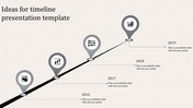 Timeline presentation template with year markers from 2016 to 2019, each represented by grey location pins with icons.