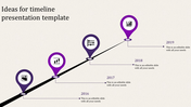 Timeline presentation template with year markers from 2016 to 2019, each represented by purple location pins with icons.