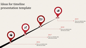 Minimalist timeline slide with colored pin markers for years 2016 to 2019, featuring business icons and placeholder text.