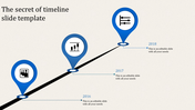 Timeline PowerPoint template with blue location pins for 2016 to 2018, each year marked with an icon and caption.