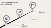 Gray gradient timeline featuring three map pin style markers for 2016, 2017, and 2018, aligned on a diagonal path.