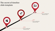 Timeline PowerPoint template with red location pins from 2016 to 2018, each year marked with an icon and caption.