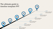 Timeline PowerPoint slide with milestones from 2014 to 2019, each year marked by a blue location pin with an icon.