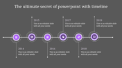 Horizontal timeline featuring six purple circular markers with icons, connected by a thin line, with text placed alternately.