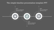 Horizontal timeline with three gray circular markers linked by a thin line, each containing an icon, with caption areas.