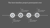 Minimalist horizontal timeline with four circular milestones, caption areas for 2016-2019 on gray background.