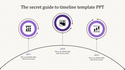 Curved timeline with three purple circular icons, marking years 2017 to 2019 on a light background.