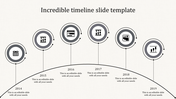Arched timeline with six black circles representing 2014-2019, each with an icon and text below on a light background.
