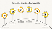Minimalist arc shaped timeline featuring six yellow circular markers with icons, connected by vertical lines.