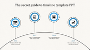 Timeline infographic featuring four blue bordered circular icons connected by thin black lines over a curved path.