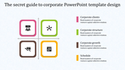 Grid based business infographic with four square icons in pink, green, brown, and yellow, aligned with text on the right.