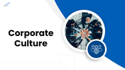 Corporate Culture blue-white slides, teamwork photo, icons, circular shapes, clean text boxes and structured layout.