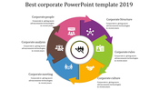 Corporate strategy infographic with a arrow loop, six labeled sections in different colors, and a central business icon.