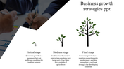 Business growth timeline illustration featuring a sprout, young tree, and mature tree, aligned with captions areas below.