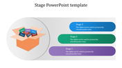 Three stage process infographic with a stacked flow of blue, green, and purple steps beside an open box illustration.