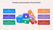 Colorful stacked boxes with various icons representing different product aspects, surrounded by six titled boxes.