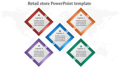 Retail store infographic with five diamond-shaped elements in red, orange, green, blue, and purple, each with icons.