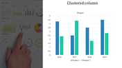 Clustered column chart comparing Product 1 and Product 2 across years 2016 to 2019, with a background image of a hand.