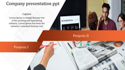 Company slide with overlapping project banners, business team discussion, and a workspace with magazines and notes.