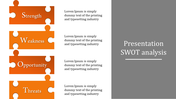 Vertical orange puzzle pieces listing SWOT elements, with white text, and a gray sidebar with title on the right.