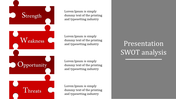 Vertical layout of SWOT analysis with red puzzle pieces, each section labeled and containing placeholder text areas.