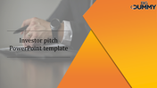 Investor pitch slide with a business-themed background, featuring a close-up of a person's hand holding a pen. 